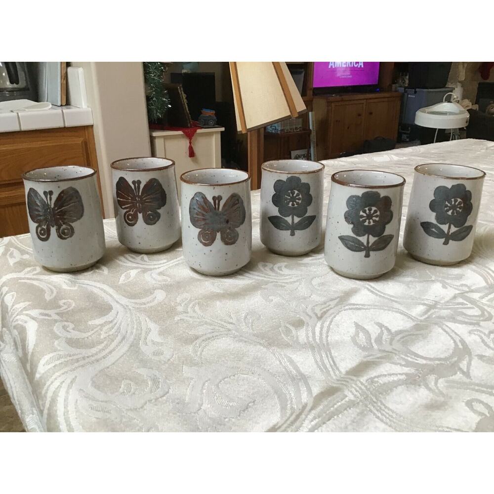 Cute Lot of 6 Vintage MOC Japan Butterfly Flower Tea Pottery Cups Mug MCM 461A